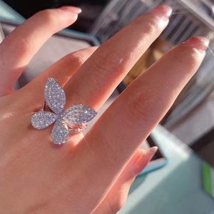 Choucong Luxury Jewlery Wedding Rings Sterling Silver Pave White Sapphire CZ Diamond Gemstones Eternity Butterfly Women Open Adagleable Ring for Lover Gift