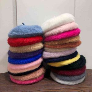 Kobiety króliki futra beret francuska artysta ciepły czapka retro solidny kolor beret elegancki miękki zimowy kapelusz kobiety J220722
