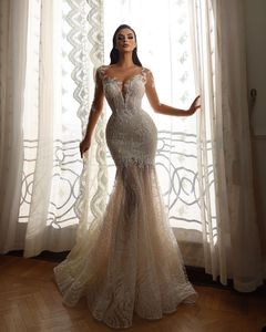 Seksowna suknia ślubna Syrenka z Illusion Bodice Z Długim Rękawem Backless Koronka Organza Aplikacja Formalna okazja Custom Made-Długość Długość DE Mariée