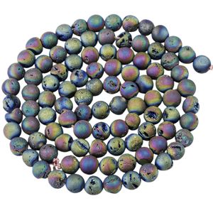 12 mm runde Regenbogen-Achat-Drusy-Perlen (8 mm), Dursy Bio-Edelstein, kugelförmiger Energiestein, Heilkraft für die Herstellung von Schmuck, Armbändern, Mala-Halsketten, 1 Strang