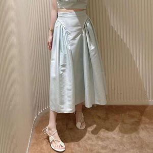 Skirts Women Elegant High Waist Midi Skirt 2022 Early Autumn Mint Green Ladies Pleated Long Female Casual Jupe Clothes