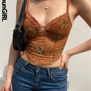 Heyoungirl malha vintage renda sem mangas corset colheita top women verão transparente tira marrom camis camis tops floral estampe colet 220514