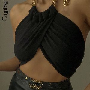 Cryptographic Summer Fashion Chic Halter Chain Crop Tops för Kvinnor Baklösa Beskuren Feminino Black Wrap Top Streetwear 220407