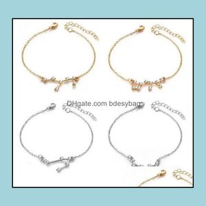 Charm Bracelets Jewelry 12 Horoscope Zircon Zodiac Signs Bracelet Gold Sier Constellations For Women With Gift Cards Wholesale Drop Delivery