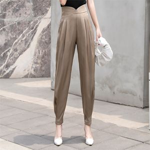 K040 Black Khaki Harem Pants Cropped Pantaloni Summer High Waist Gambe Work Office Ladies Casual