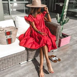 Retro överdimensionerad lapptäckklänning kvinnors eleganta o nacke ruffle hylsa midi klänningar sommar kvinnlig en linje ruffled sundress vestidos 220629