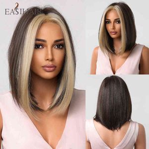 Easyihair sentetik peruk orta kısım saçak kısa düz bob kahverengi boyalı kadınlar için cosplay ısıya dayanıklı doğal saç 220525