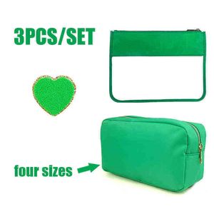 CASS TOALETRIKRUMGNING Vattentät PVC Travel Cosmetic Portable Transparent Green Nylon Makeup Bag Heart Shaped Patch 220708