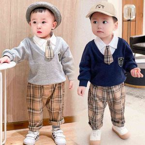 春の秋の男の子の服セット長いスリーブ偽の2pcsトップス  パンツ衣装衣装服のスーツ紳士ネクタイG220509