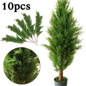 Dekorativa blommor kransar 10x grönt cypress träd blad nålblad gren plast växter jul hem trädgård dekor simulering mikro la