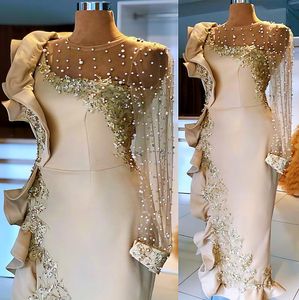 2022 Plus Size Arabic Aso Ebi Champagne Mermaid Sexy Prom Dresses Lace Beaded Evening Formal Party Second Reception Birthday Engagement Gowns Dress