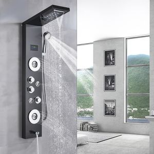 Siyah Banyo Duş Musluğu LED Duş Paneli Sütun Küvet Karıştırıcı Elle Tahrik Sıcaklık Ekran Masaj Sistemi