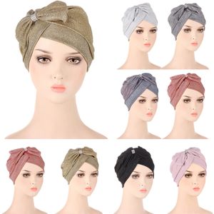 Glitter Kobiety Muzułmanin Cross Bowknot Hidżab Wypadanie Włosów Underscarf Czapka Kapelusz Indian Headwear Wrap Bonnet Turban Beans Chemo Cover New