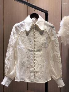 [Elfstyle] - Top Quality Branco Camisa de Linho Flores Bordado Longo Sleeved Corsage Applique Blouse Blusas Mulheres Camisas