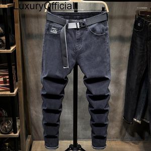 Mäns jeans höst vinter svart grå mode märke broderade smala passform byxor elastisk mångsidig casual