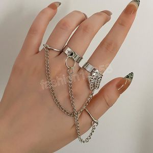 Punk Cool Hiphop Chain Rings Multi-layer Open Finger Ring Set Alloy Man Rings for Women Butterfly Party Gift Jewelry