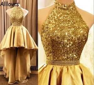 Sparkly Gold Sequined Formal Party Dress High Low Halter Sexig öppen baksida Girl Cocktail Prom -klänningar med Tiered Organza kjol Vestidos nattklubb Tillfälle Wear CL0663