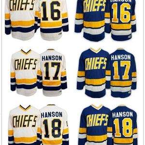 Mens #1 Denis Lemieux Charlestown Chiefs Jersey #3 Dave Killer #7 Dunlop 16 17 18 Hanson Slap Shot Movie Hockey Jerseys Stitched White Blue