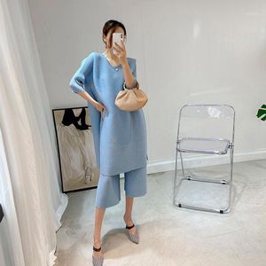 Miyake Pleated Spring Summer 2022 Fashion Two Piece Set Plus Size Casual Aesthetic Clothes Wide Straight Leg Pants Suit Dress Women's Tracks