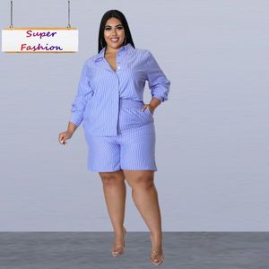 L5XL Summer Plus Size Two Piece Set Women Clothing Casual Lous Striped Shirt Short Suit Lady Outfit Drop 220812