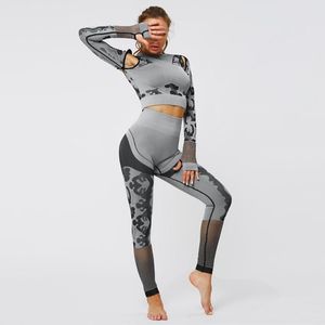 Women's Two Piece Pants Sport Fitness Seamless Set Suit Camouflage Workout Clothes Gym Women Leggings Long-sleeved Tracksuit Sexy SetWomen's