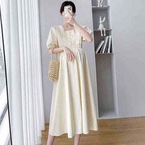 Korean Style Summer Puff pastry Sleeve Maternity Sweet Chiffon Dress High Waist Square Collar Pregnant Woman Formal Clothing Wholesale J220628