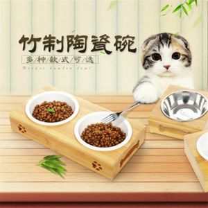 Pet Stainless Steel Ceramic Feeding And Water Bowls With Bamboo Frame For Dogs And Cats dog food bowl dog feeding 201109