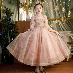 Girl's Dresses Champagne Lace Sequin Flower Girl Long Ball Gown Girls Party Costume Puffy Princess Dress Bow First Communion Vestido