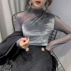 Lucyever Velvet Blue Tops Women See Through Mesh Patchwork Long Sleeve Shirts Woman Elegant Slim Fit Tshirts Female 220516