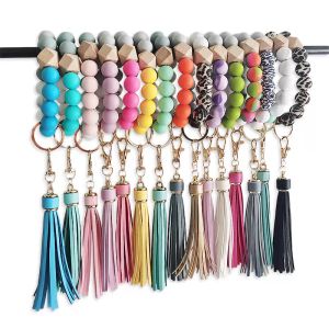 Tassel Keychains Wood Bead Bracelet Jewelry Bangle Food Grade Silicone Hand String Fringe Bracelets Wristlet Key Ring Pendant Bag Accessories 46 Color