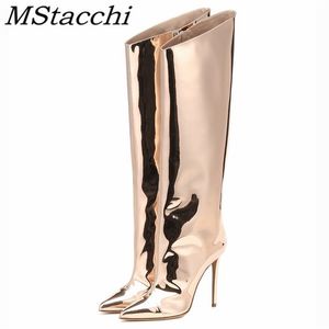 Mstacchi Womens Gold Silver Pointed Toe Kneehigh For Woman Sexy High Heels Party Shoes Ladies Stiletto Boots 220810