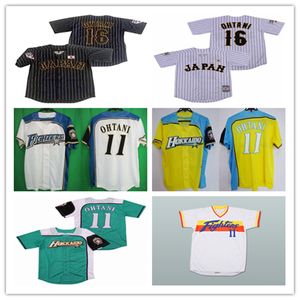 Özel Beyzbol # 16 Shohei Otani # 11 Hokkaido Nippon-Ham Fighters Formalar Sarı Mavi Beyaz Çizgili Japonya Samuray Beyzbol Üniformaları Siyah