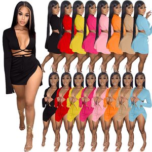 Women Dress Sets Swimwear Two Piece Set Long Sleeve Bandage Crop Top Mini Skirts Beach Skirt Suits Matching Sexy Swimsuits Girls swimming suits 7318