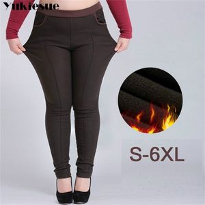 Streetwear Winter warme dicke Fleece Damen Hosen weibliche hohe Taille Bleistift Hosen für Frauen Hosen Frau Plus Größe 5XL 6XL 210412