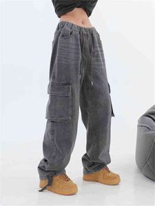 Retro stor ficka mörkgrå verktyg jeans kvinnors sommaramerikanska high street wide-ben löst raka neutrala byxor ins tidvatten T220728