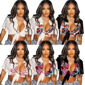 Newest Graffiti Graphic Print Sexy Tops T-shirts For Women Deep V-neck Short Sleeve Hip Hop Street Bandage Casual Tee Tshirt Y1057