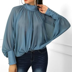 Women Blus Lantern Sleeve Wide Cuff Ruched Blue Chiffon Blue Mandarin Collar Shirts Leisure ol Style Streetwear 210308