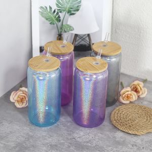 16oz sublimering glitteröl kan 4 färgklart glas med träslockplastiska sugrör 500 ml vita tomma vattenflaskor diy värmeöverföring vin tumlar a12