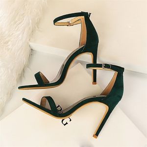 Women 10cm High Heels Flock Stripper Sandals Female Fetish Strappy Red Shoes Lady Valentine Green Summer Classic Sexy Pumps 220810