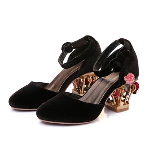 Genuine 2022 Women Ladies Dress Shoes 7CM Birdcage Metal Chuckly High Heels Retro Round Toe Wedding Party Sexy Velour Buckle Strap Bowtie 3D Flower Mary Jane 3431