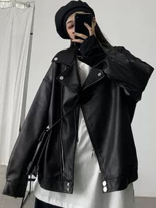 Lautaro Autumn Overized Black Soft Faux Leather Biker Jacket Women Long Sleeve Zipper Loose Casual Korean Style Fashion 2022 L220801