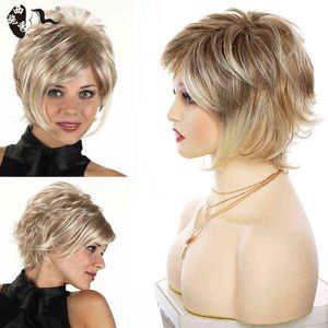 Short Blonde Straight Wave Synthetic Hair Wig with Bangs for Women Style Pixie Cut Mixed Natural Cosplay Wigs Xishixiu