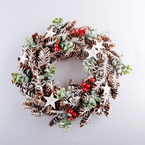 Decorative Flowers & Wreaths Christmas Outdoor Pine Cone Red Berries Wood Stars Pendant Garland Handmade Festive Decoration Supplies