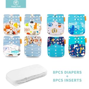 HappyFlute 8 diapers8 Inserts Baby Cloth Diapers One Size Adjustable Washable Reusable Cloth Nappy For Baby Girls and Boys 220720