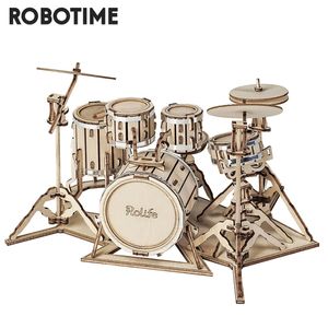 Robotime 4 Kinds DIY 3D Musical Instrument Wooden Puzzle Game Assembly Saxophone Drum Kit Accordion Cello Toy Gift for Children 220715