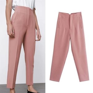 TRAF Woman White Pant Calça Verão Bege Cintura Alta Cintura Pink Calça Botão de Forma Up Black Pant 220325