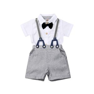 Kläder sätter baby pojke kläder formella kostymer parti herrar 2 st kort ärm båge bodysuit toppar smörkort kläder 0-24mkläder