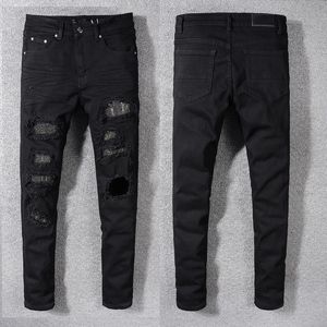 Jeans masculinos se encaixam em jeans preto preto para caras homem motociclista slim rasgado hip hop hip hop regular moto fit street rivet patches