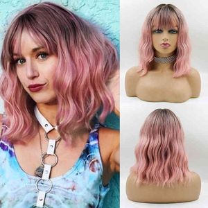 Nxy Wigs Bob Ombre Pink Wavy Synthetic with Bang Natural Curly Hair for Women Heat Reitant Daily Coplay Lolita