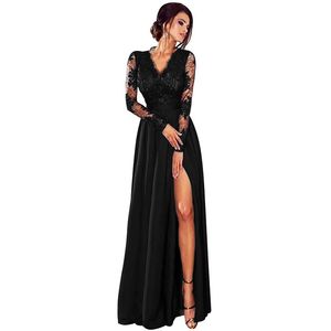 Casual Kleider Frauen Lange Maxi Kleid Tiefem V-ausschnitt Ärmel Seite Split Slim Formale Party Vestidos Schwarz Kleider Sexy Spitze 2XLCasual